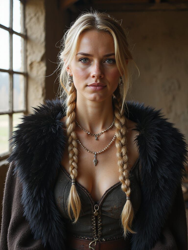 Viking Warrior Woman Portrait in Hyperrealistic Style