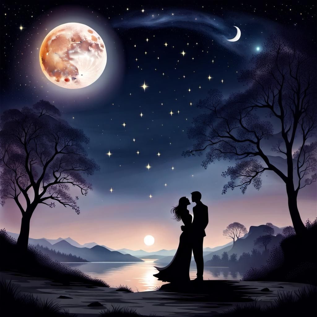 Romantic Couple Under a Starry Moonlit Sky