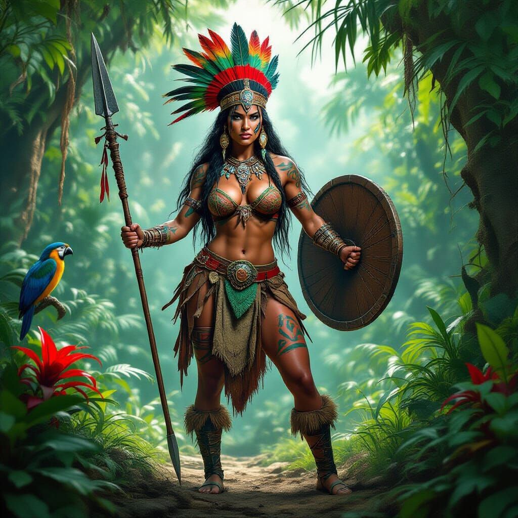 Amazonian Warrior Woman in Jungle Clearing
