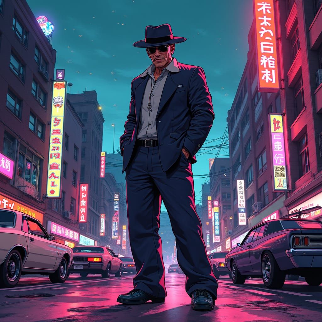 Gritty Neon Cityscape with Cartoonish Gangster