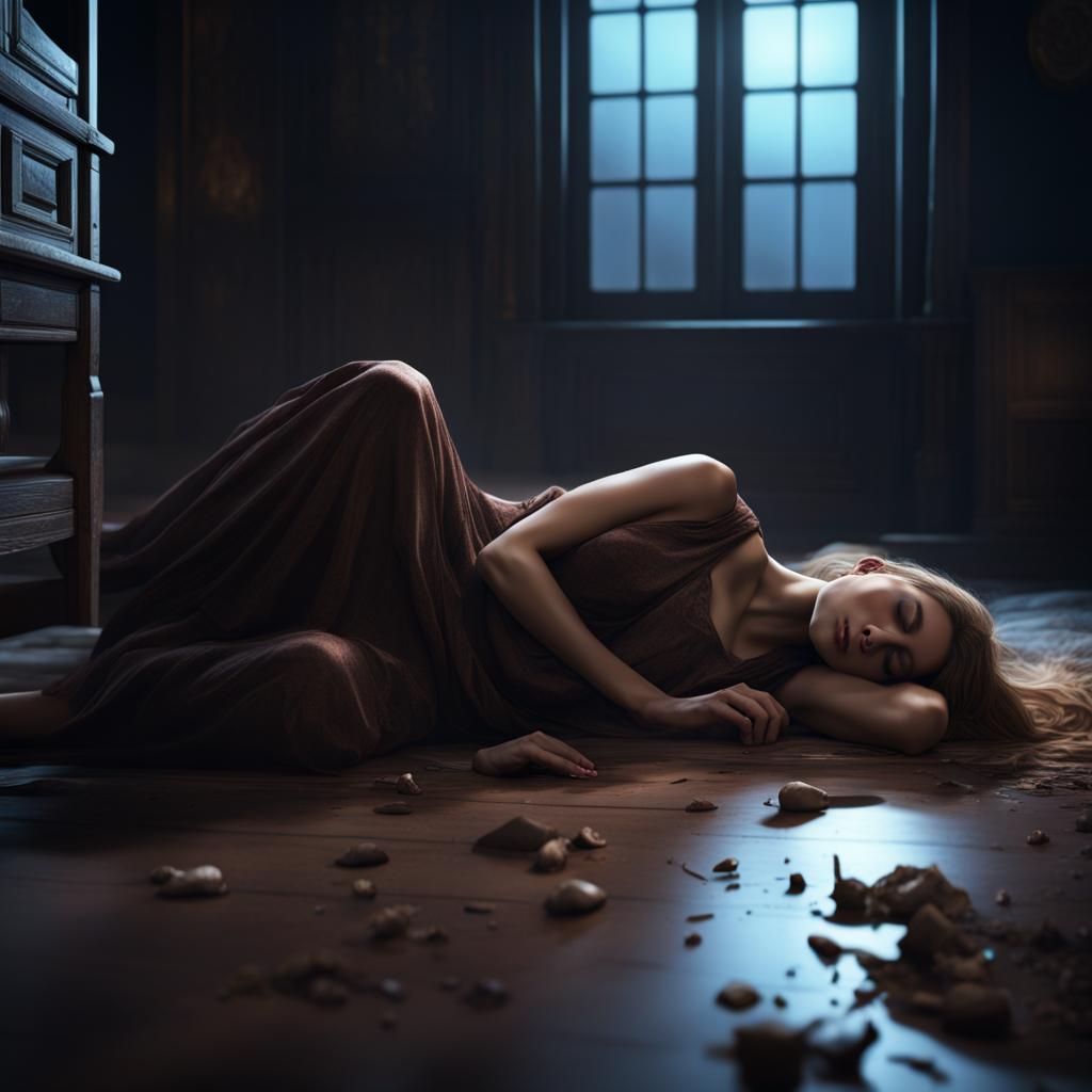 Woman Sleeping in Dark Room: Fantasy Concept Art