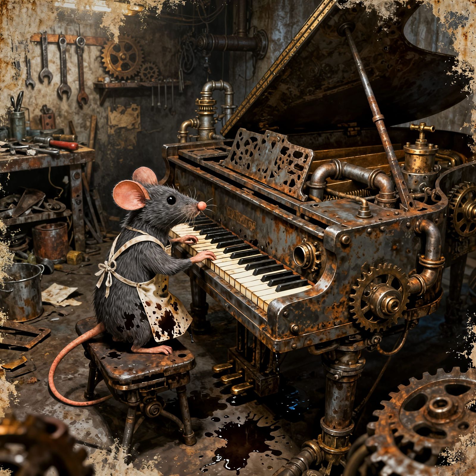 Steampunk Mouse Plays Scrap Metal Piano in Workshop