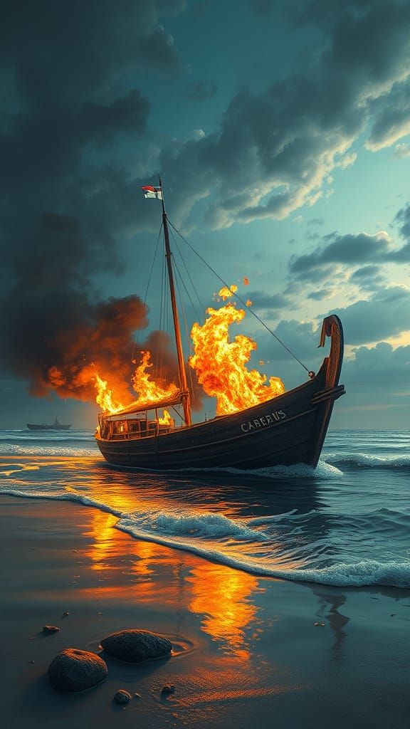Burning Boat on Beach: Digital Art