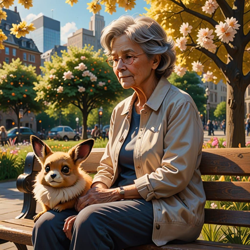 Elderly Woman and Eevee in Sunny Park