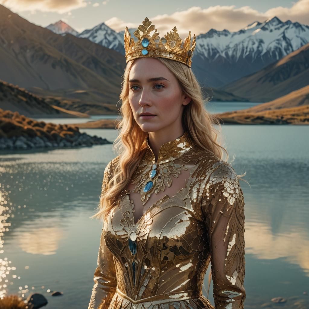 Fantasy Art: Woman in Gold Gown at Lake Tekapo