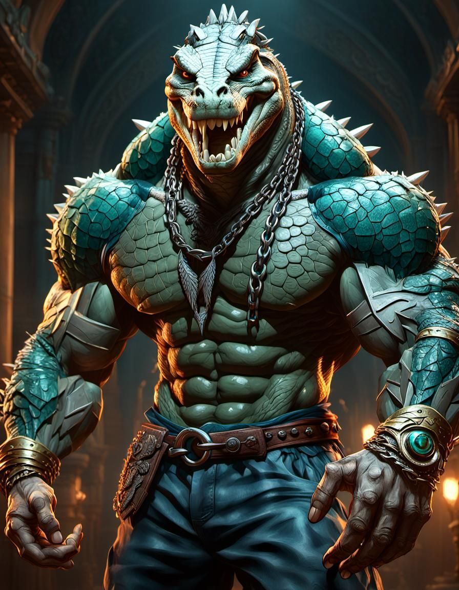 anthropomorphic crocodile man with massive muscular muscle ,8k resolution concept art with chains,spikes and huge claws