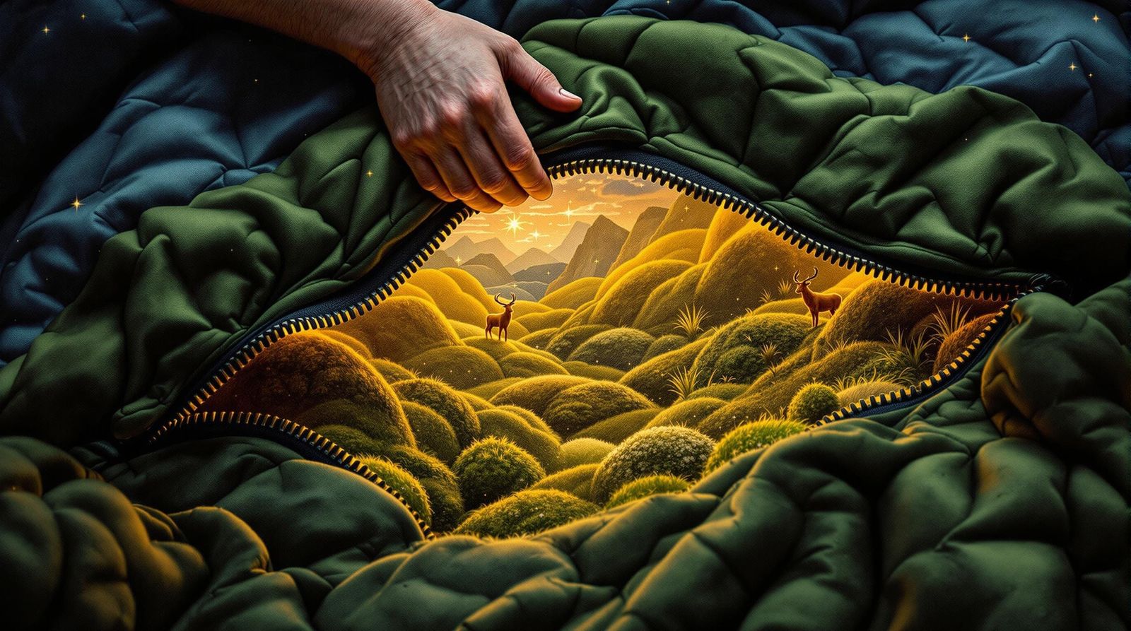 Boy Unveiling a Hidden World Tapestry with LED Fireflies