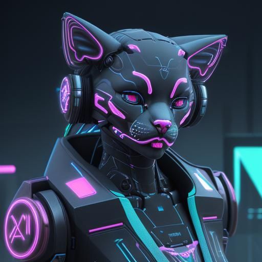 Cyberpunk Robot Cat in Neon Techno Style