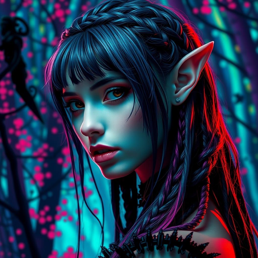 Goth Elf Portrait in Neon Forest Splash Art