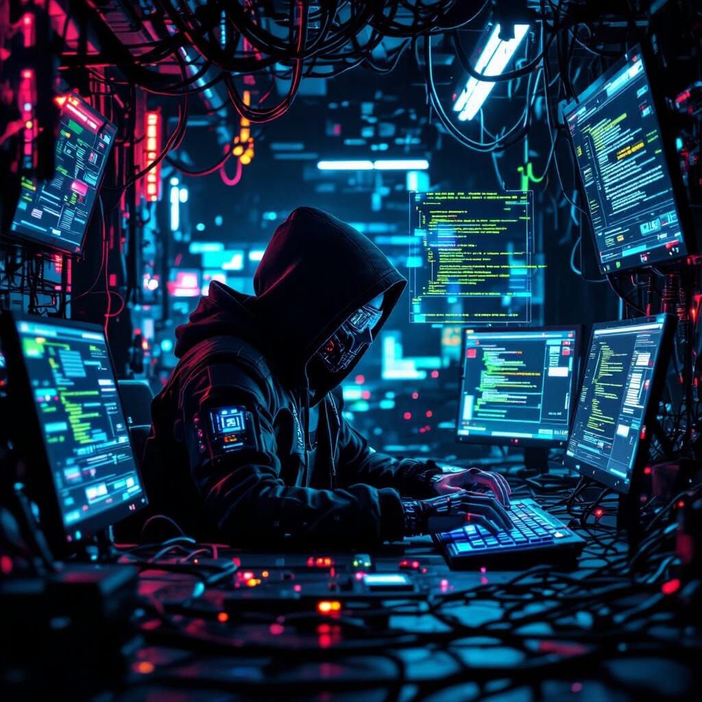 Cyberpunk Hacker in Neon-Lit Hideout with Holograms