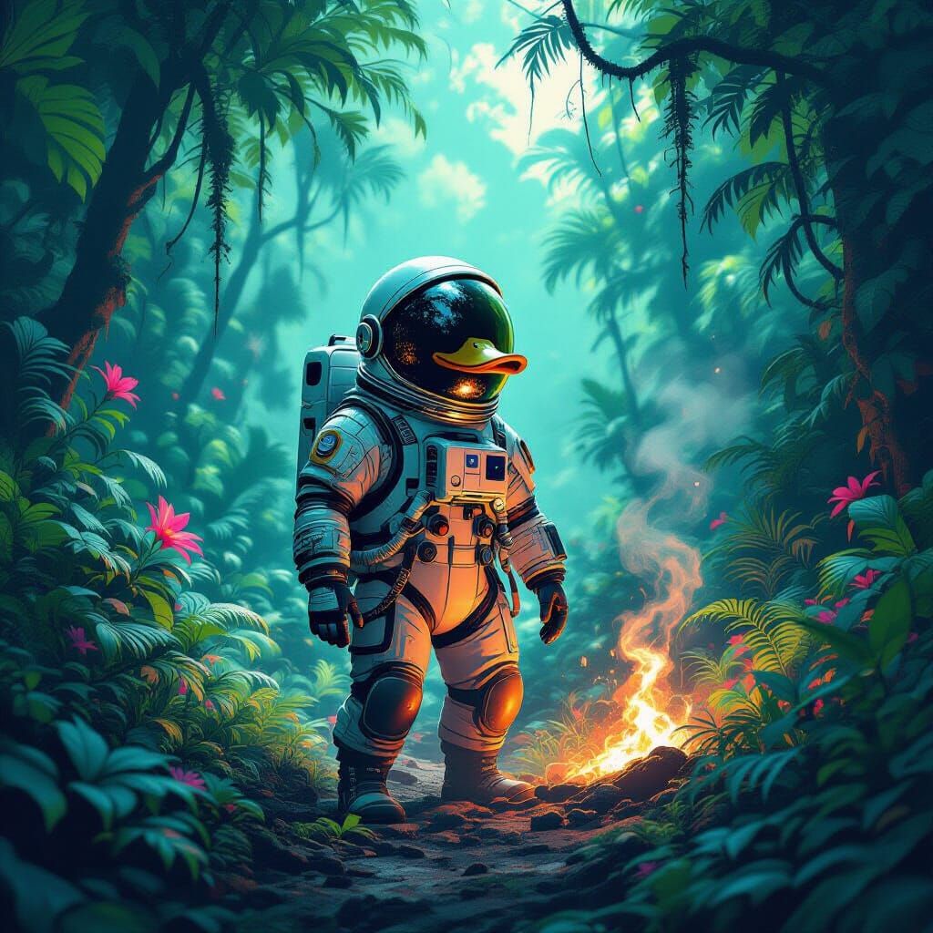 Astronaut Duck in Alien Jungle, Retro Sci-Fi Art