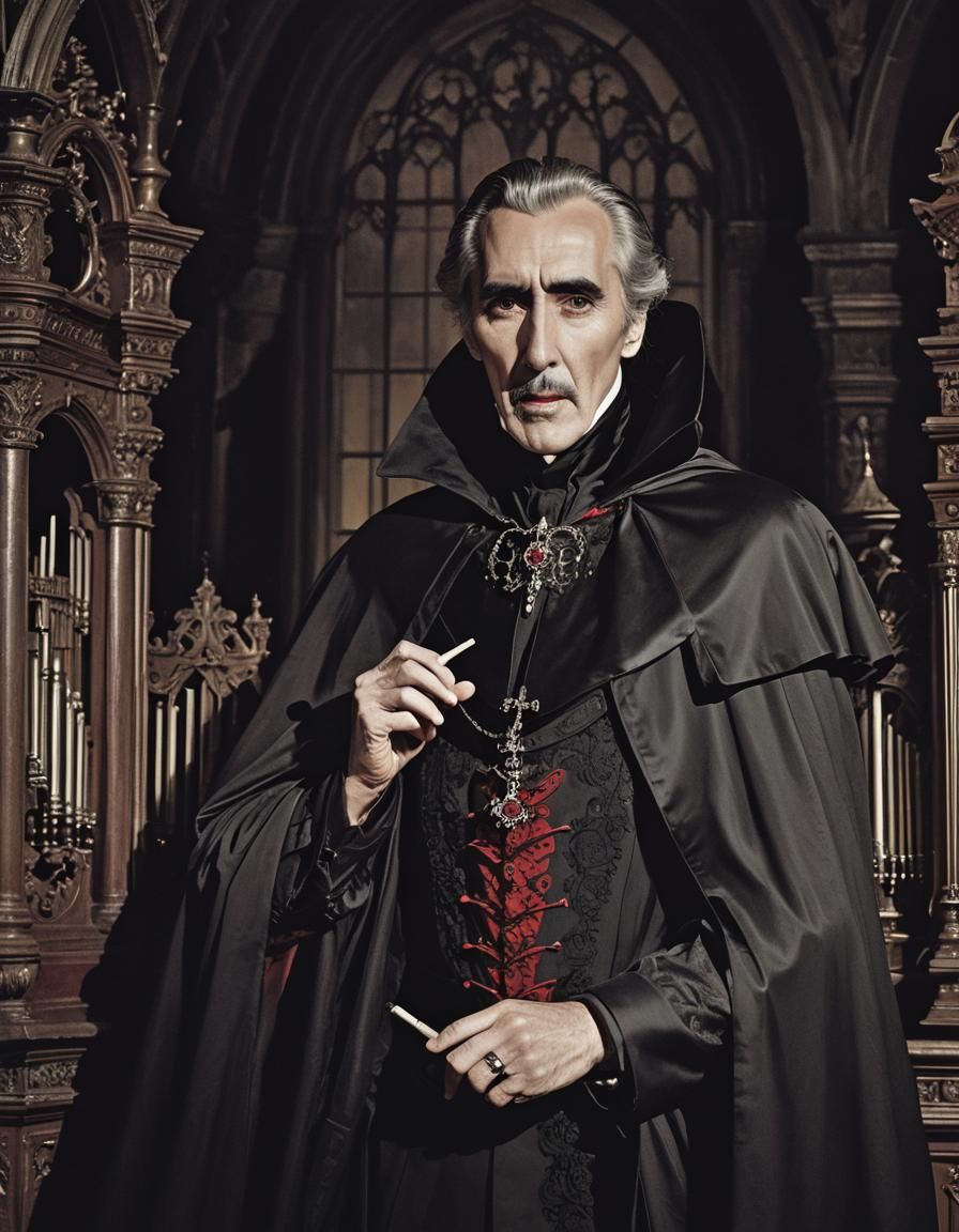 Victorian Vampire at Organ in Red and Black