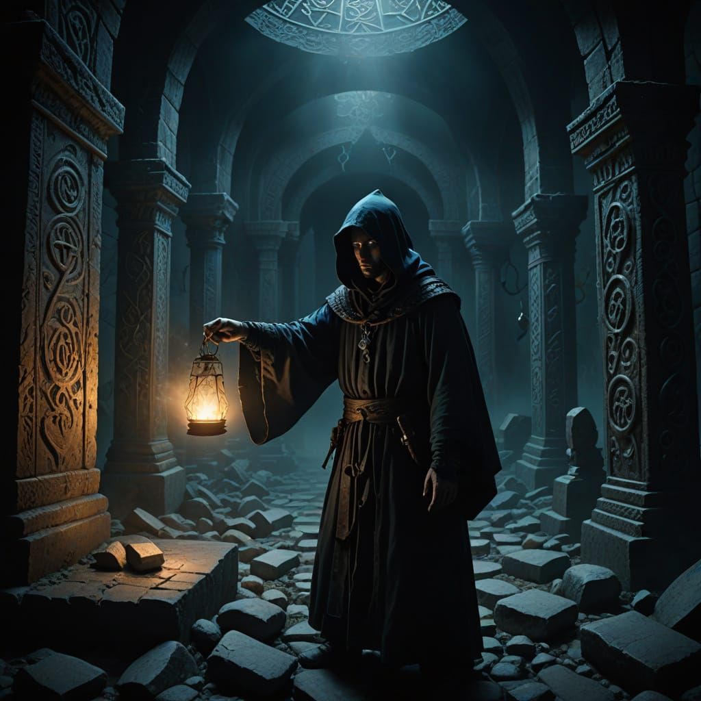 Sorcerer in Ancient Chamber with Glowing Runes and Orbs