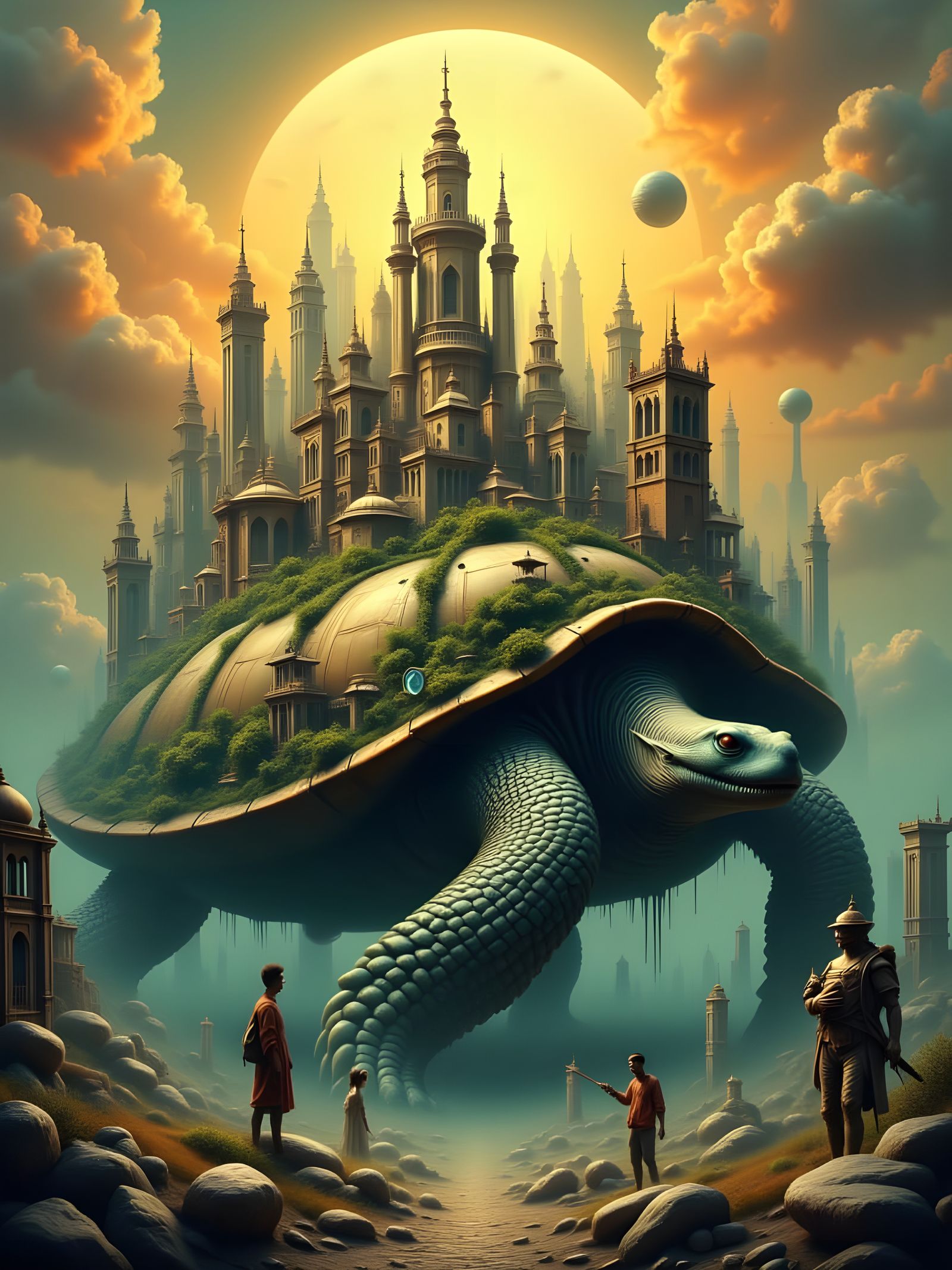 Surreal Cityscape on Giant Turtle at Sunset