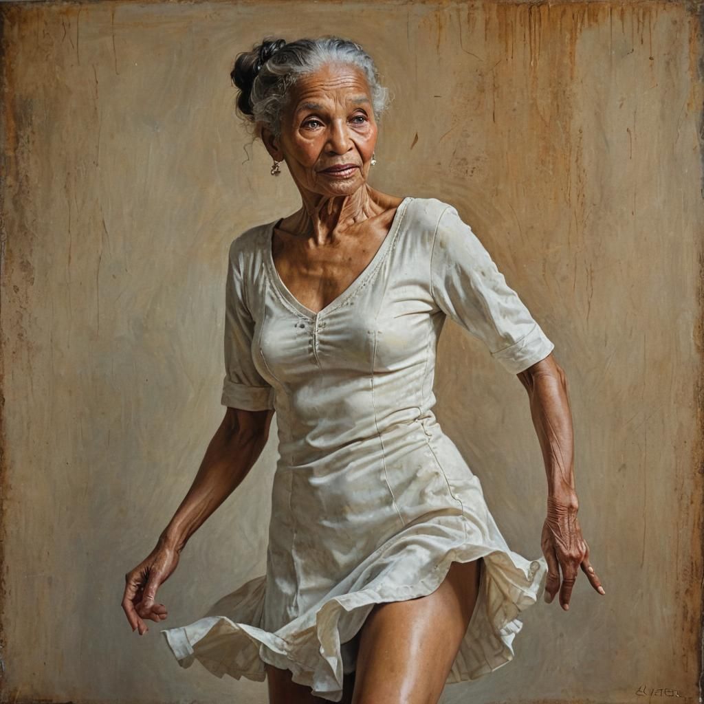 A gracefully aging taxi dancer, her movement exuding a mixtu...