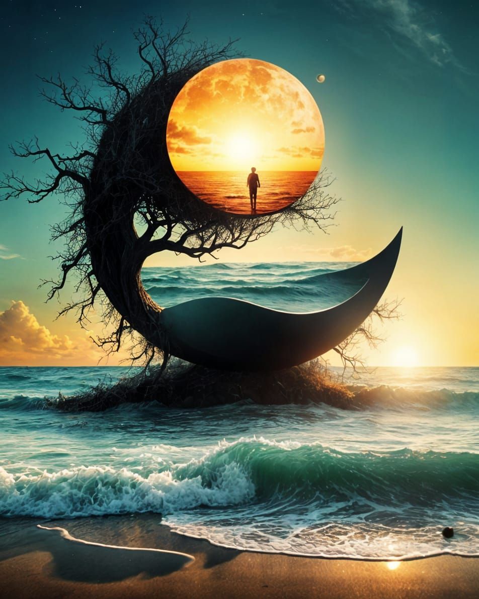 Surreal Yin Yang Sun Moon Beach Sunset