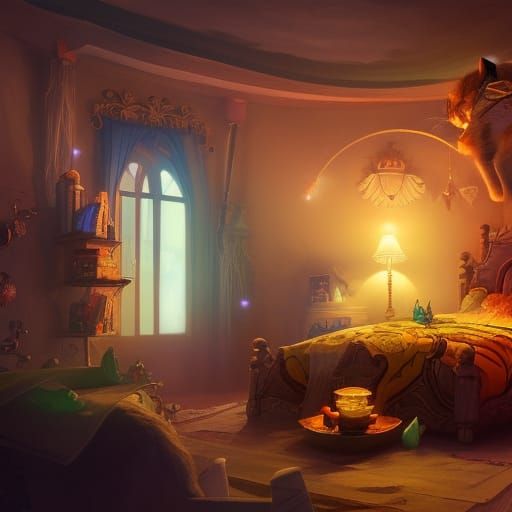 Fantasy Cat Bedroom in Cinematic Lighting