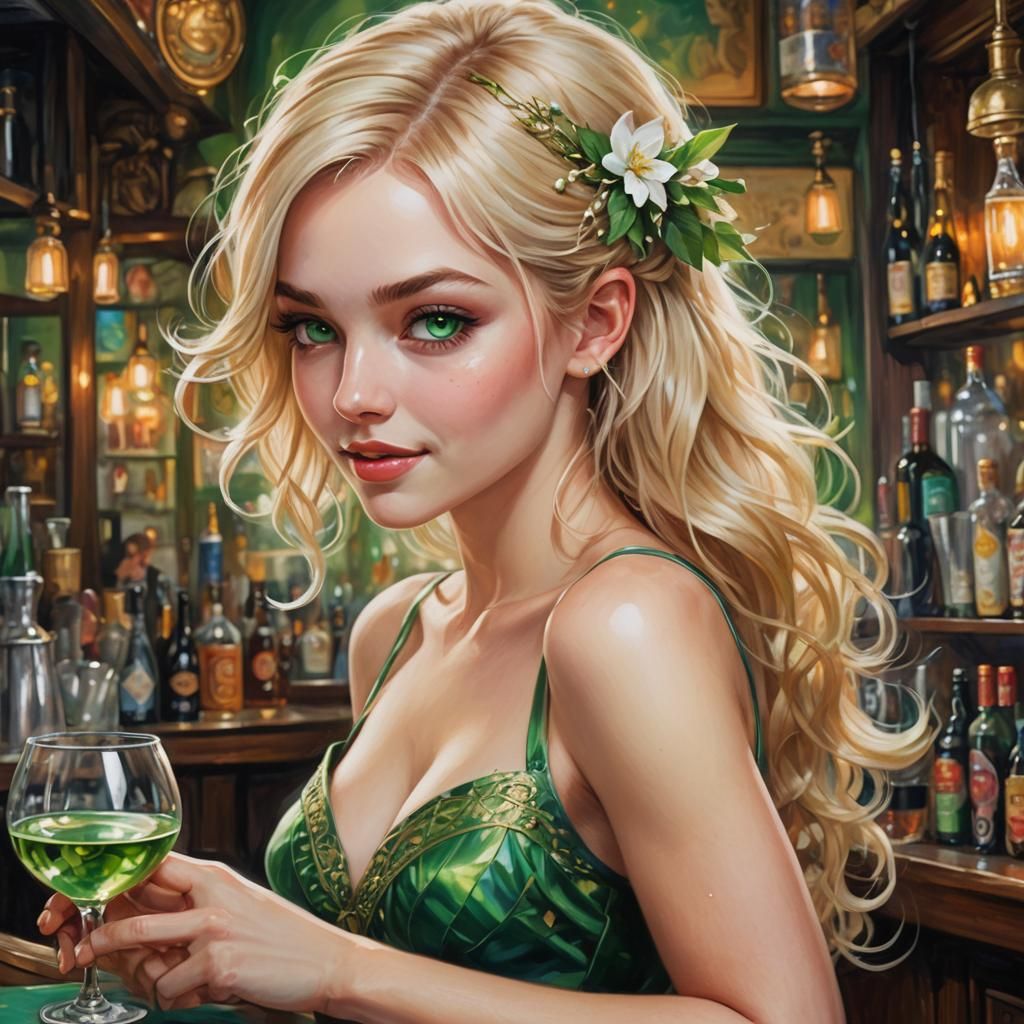 Vivid Pixie Barmaid in Masterpiece Painting Style