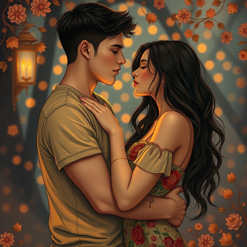 Romantic Couple in Whimsical Art Nouveau Style