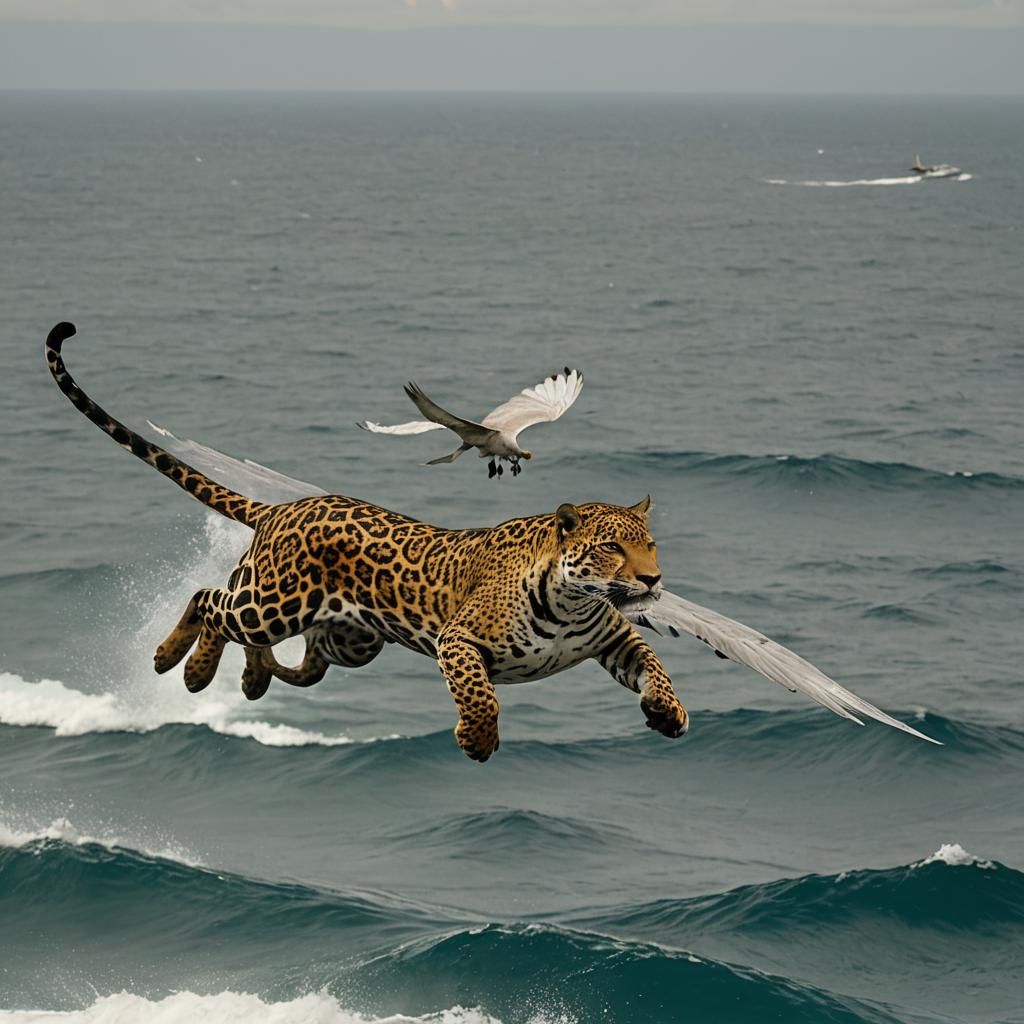 Winged Jaguar Flying Over the Ocean
