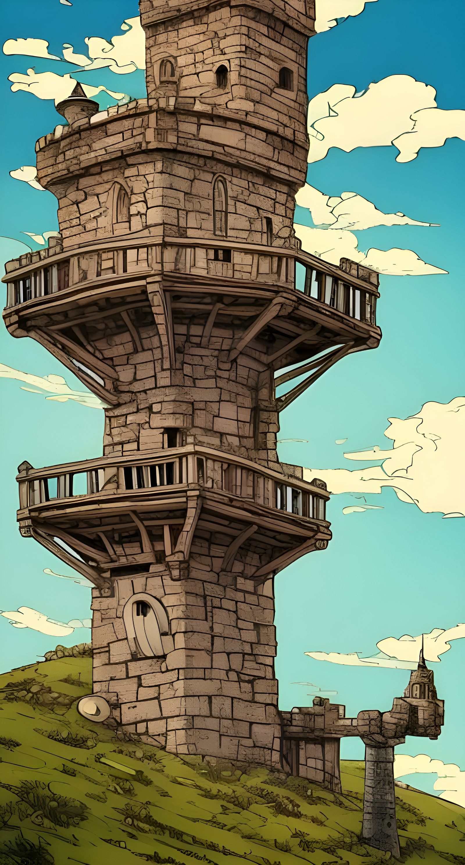 Medieval Watchtower Overlooking Wheat Fields Watercolor