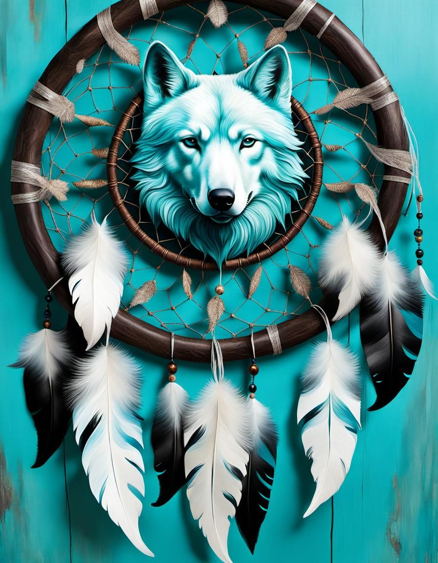 Surreal Wolf Dreamcatcher in Turquoise, Mixed Media Art