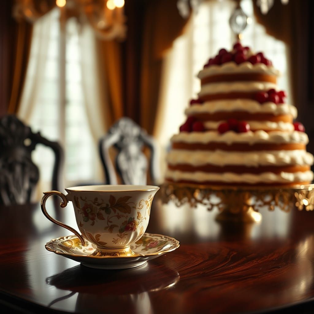 Antique Tea Cup and Cake in Opulent Dining Room