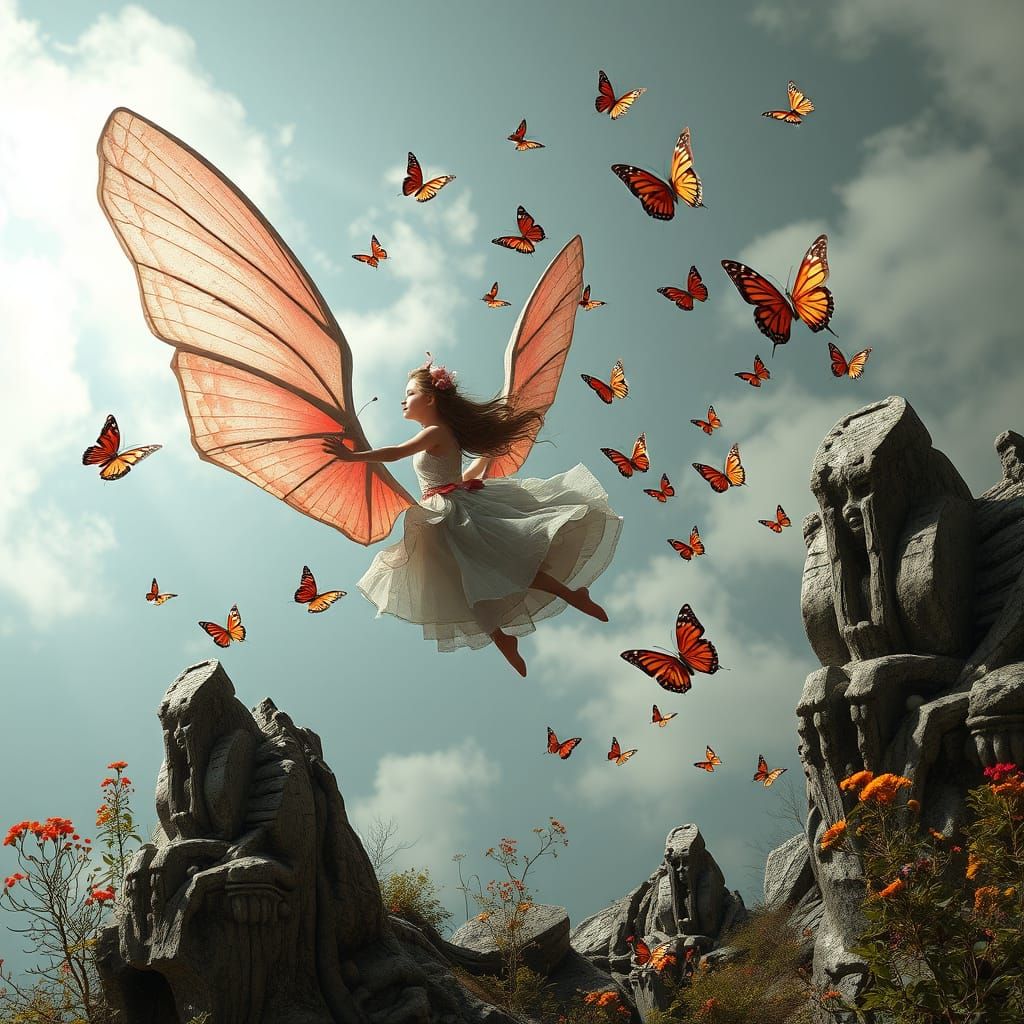 Girl Flying with Butterflies: Mythical Creatures in Matte Pa...