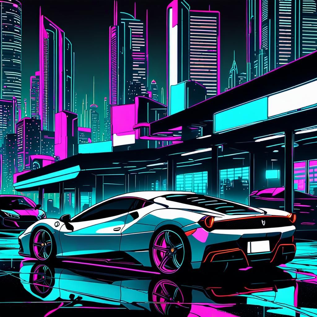 Cyberpunk Ferrari in Neon-Lit Cityscape