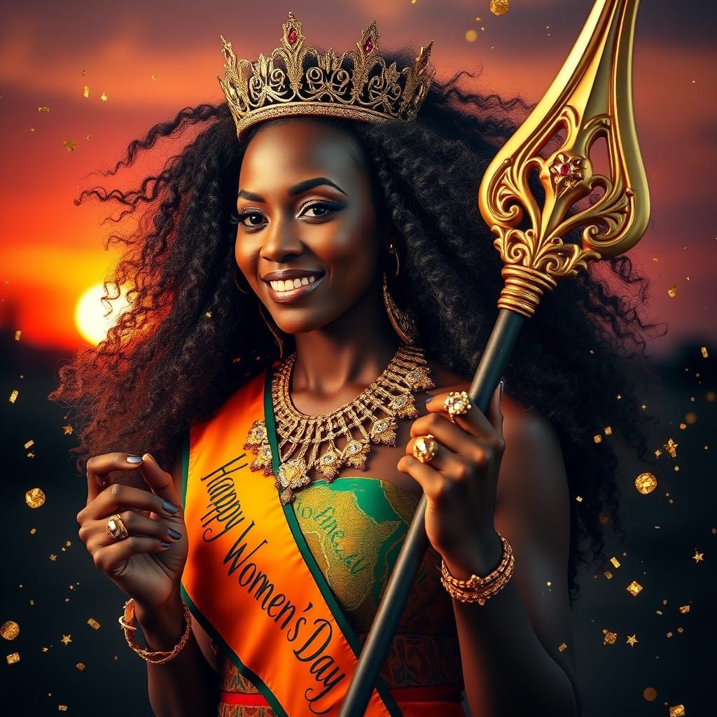 Regal African Queen with Vibrant Afrofuturist Crown