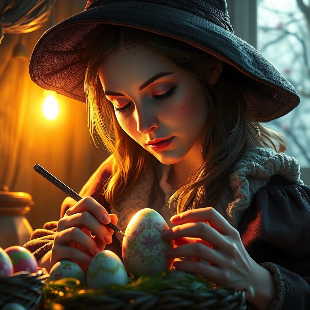 Warm Golden Light Illuminates Witch's Easter Egg Art