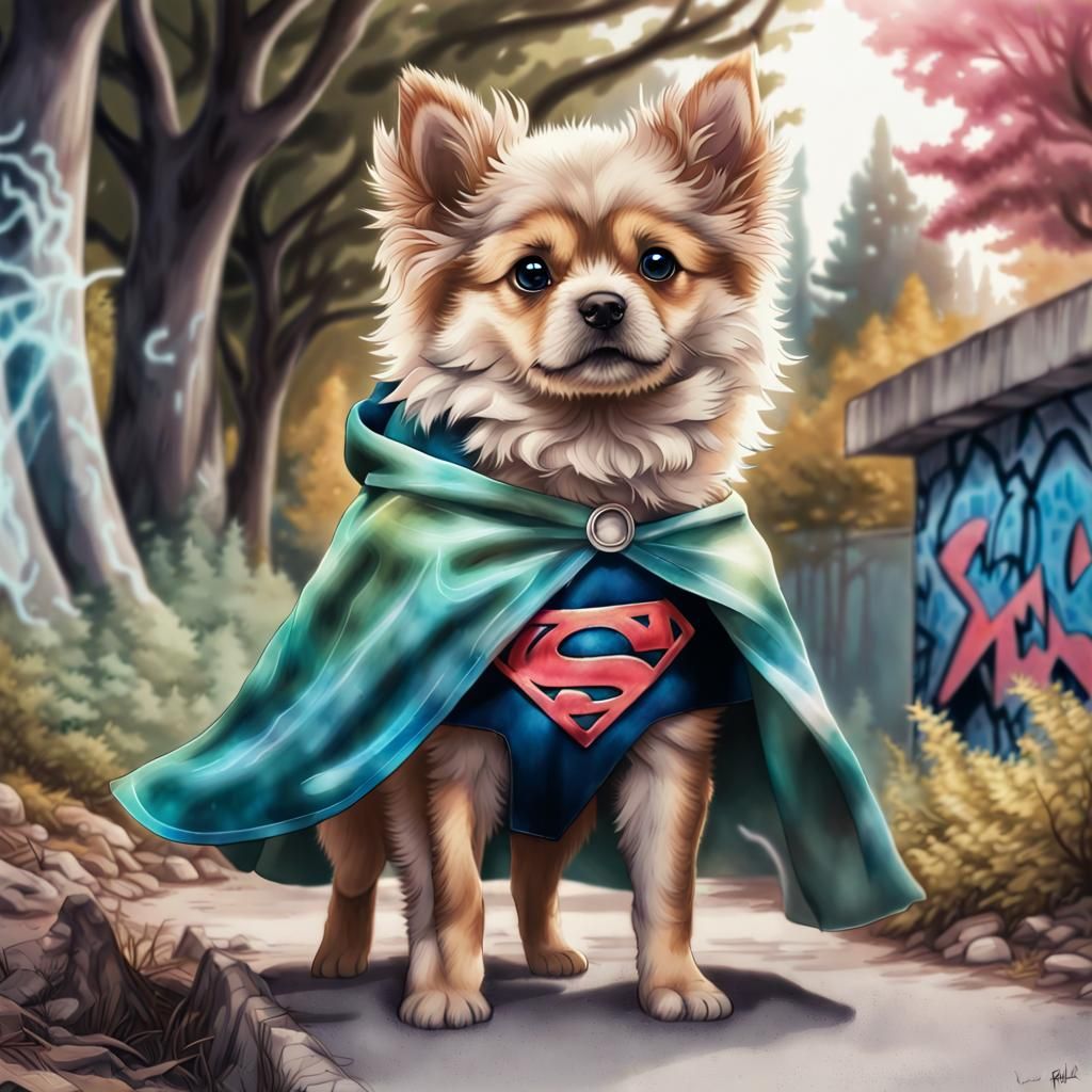 Superhero Puppy in Graffiti Vaporwave Style