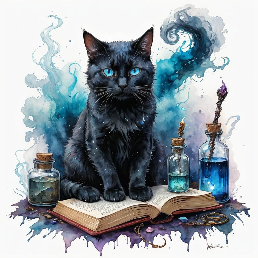 Black Cat on Spellbook with Iridescent Potions
