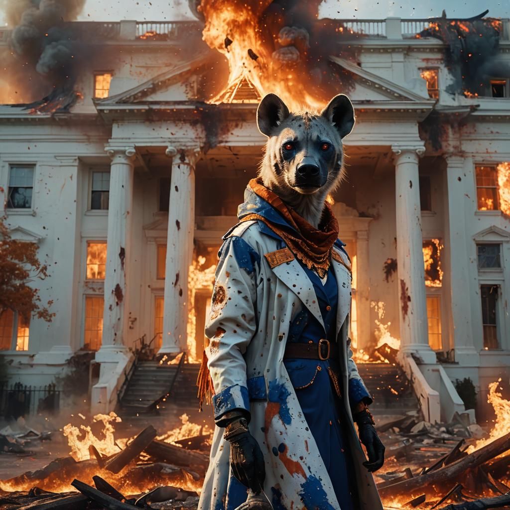 Hyena President in Front of Burning White House