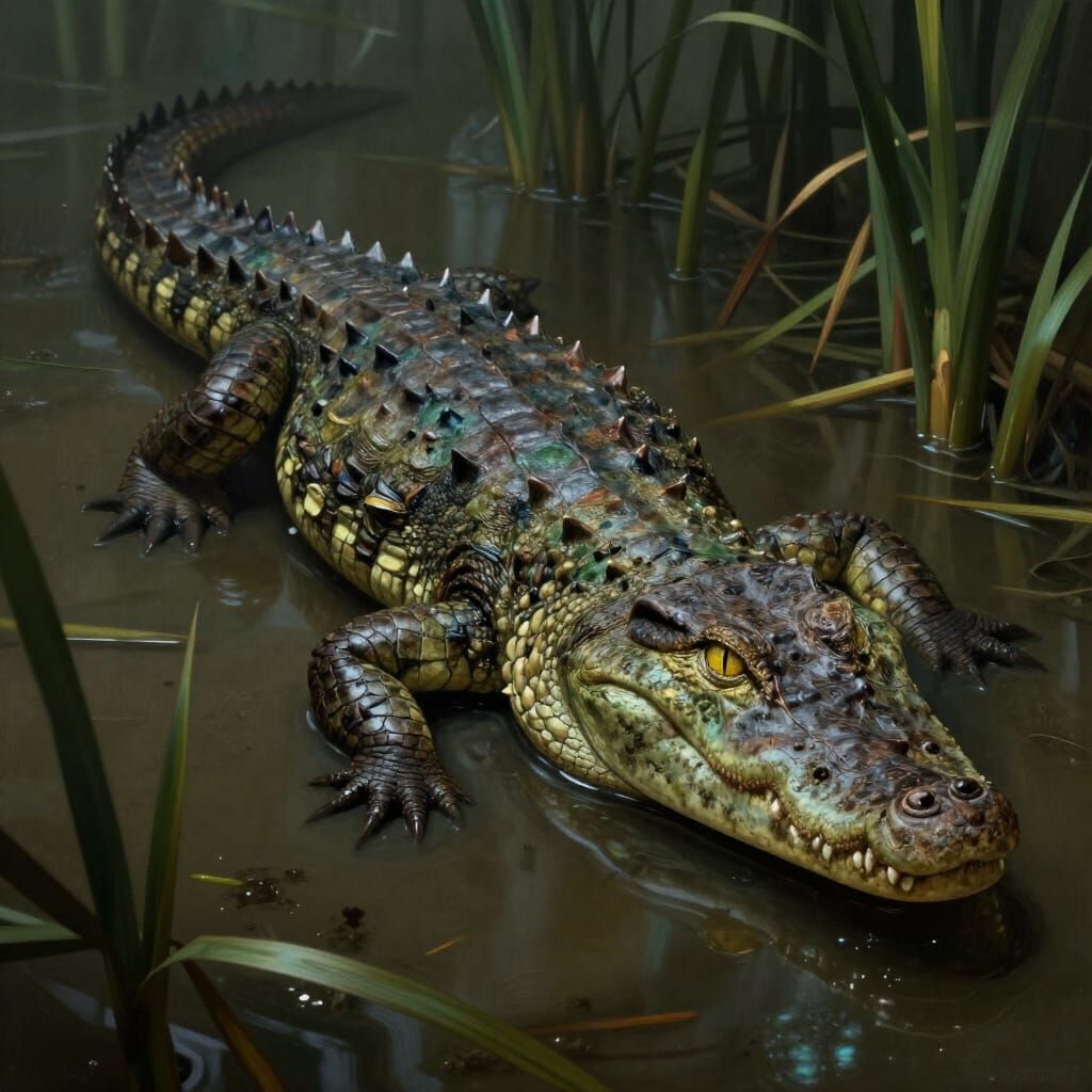 Swamp Creature: Snake-Crocodile Hybrid in Murky Water