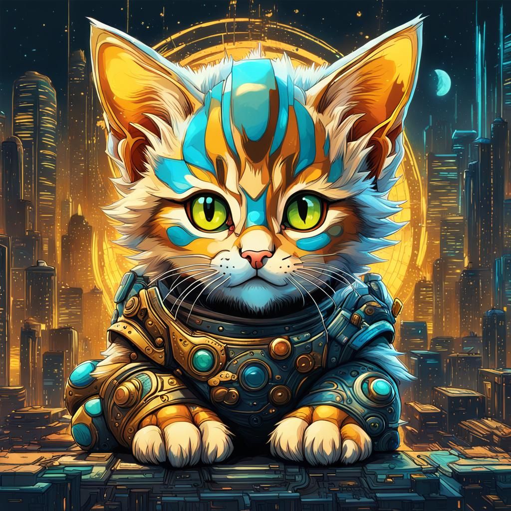 Cyberpunk Kitten with Golden Aura in 8K
