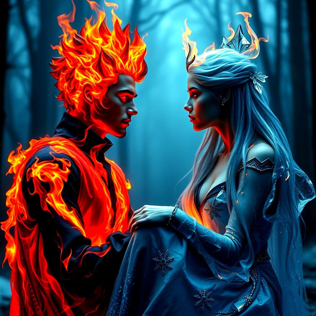 Fire Elemental Portrait in Misty Forest