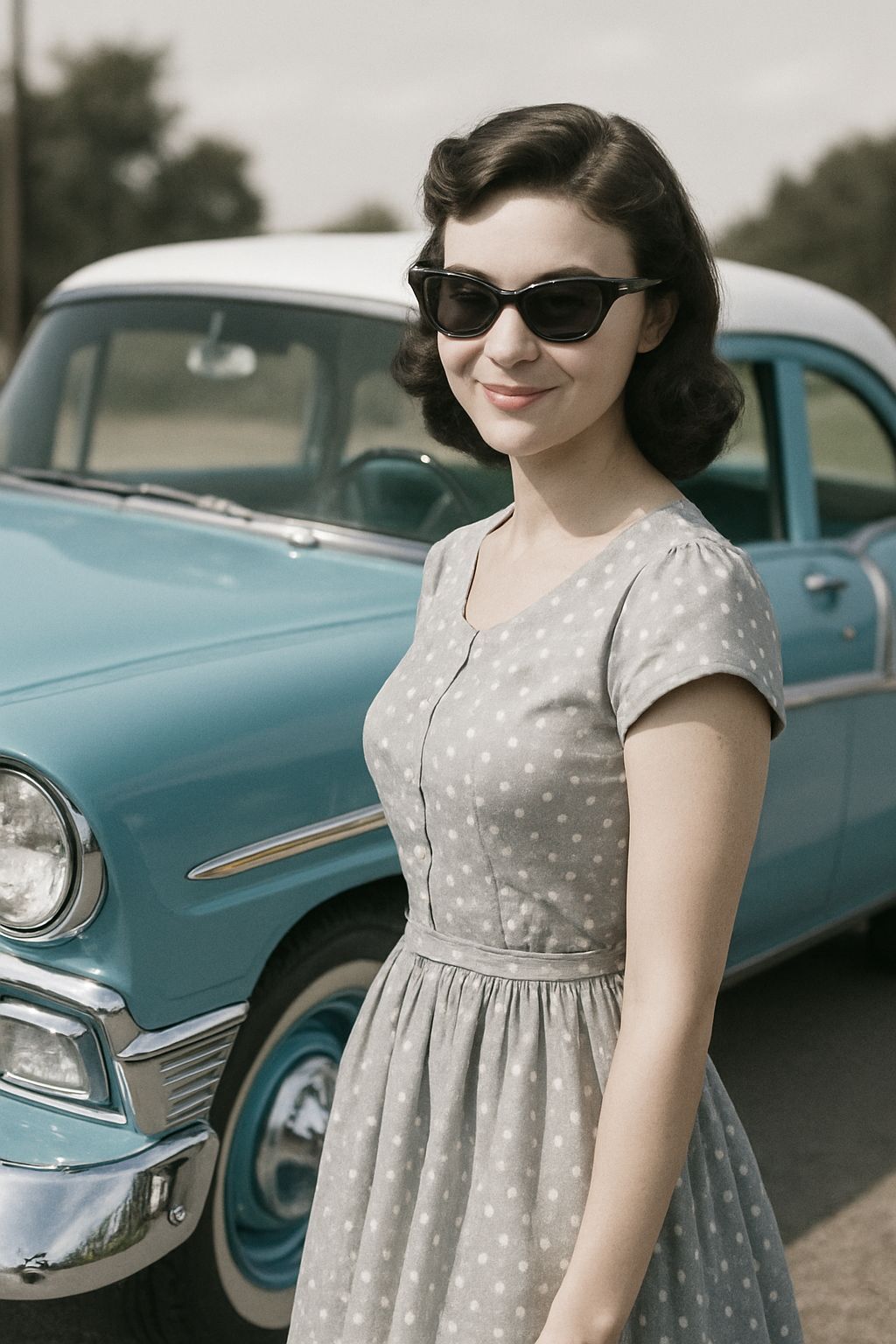 1950s Woman with Blue Chevrolet Camaro Portrait