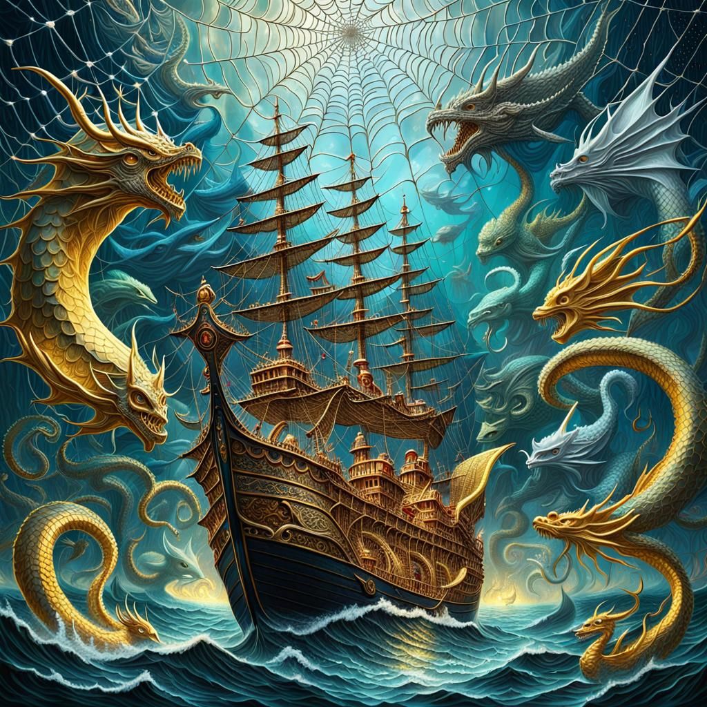 Golden Spiderweb Sea with Viking Ships