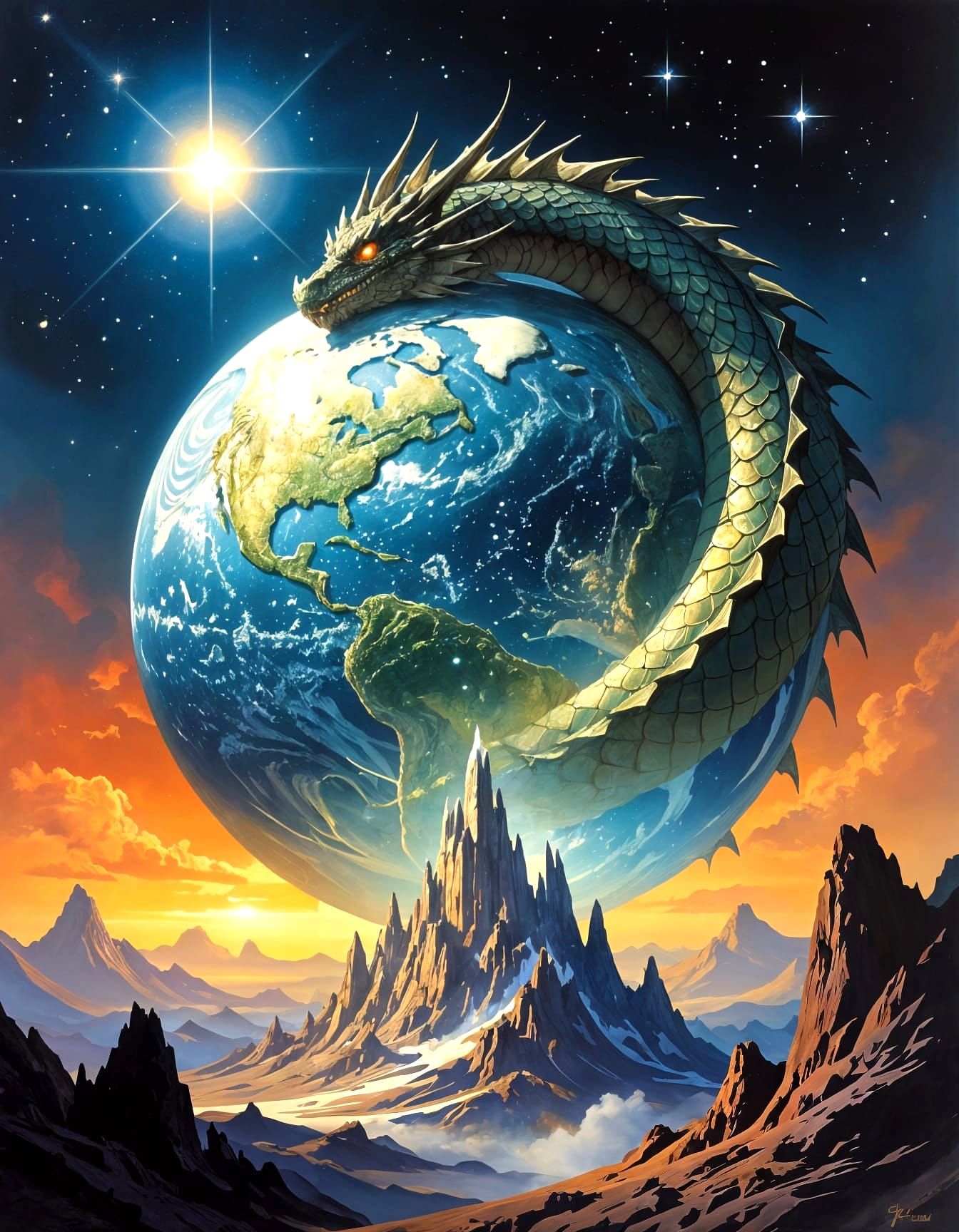 Colossal Dragon Coiled Around Crystalline Planet in Oil Pain...