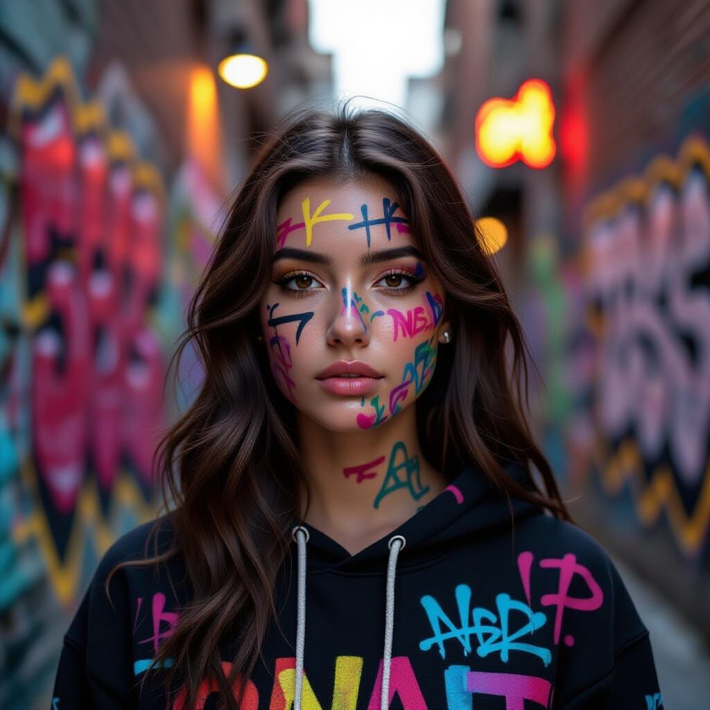 Vibrant Graffiti Portrait of Woman in Urban Alley