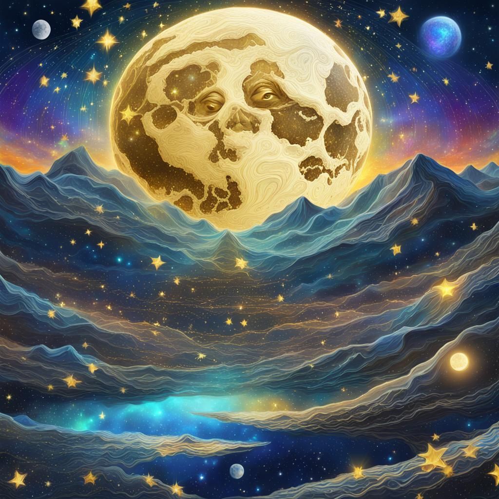 Cosmic Moonrise: Holographic Astral Illustration