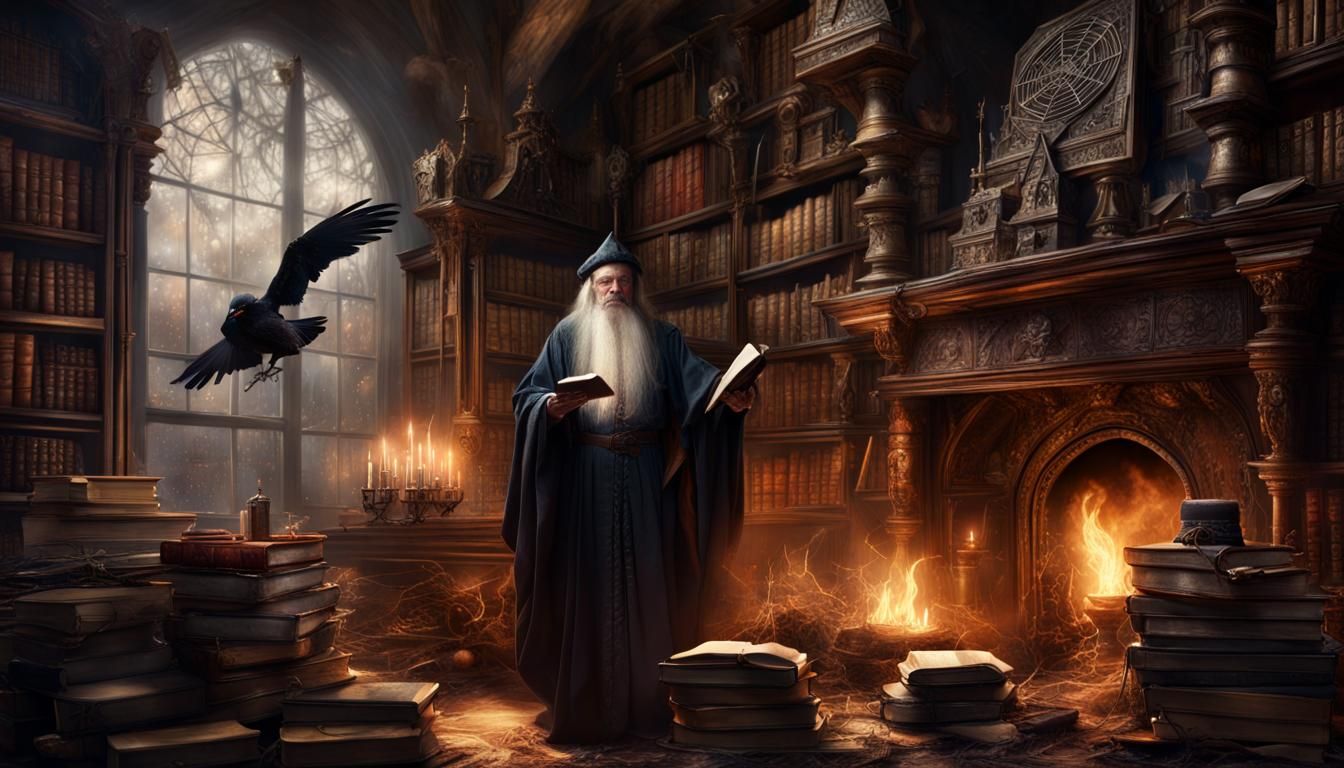 Wizard in Ancient Library: Epic Digital Painting