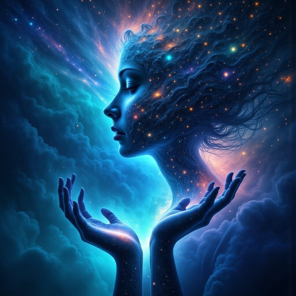 Galaxy Light Streams Through Open Palms in Digital Painting