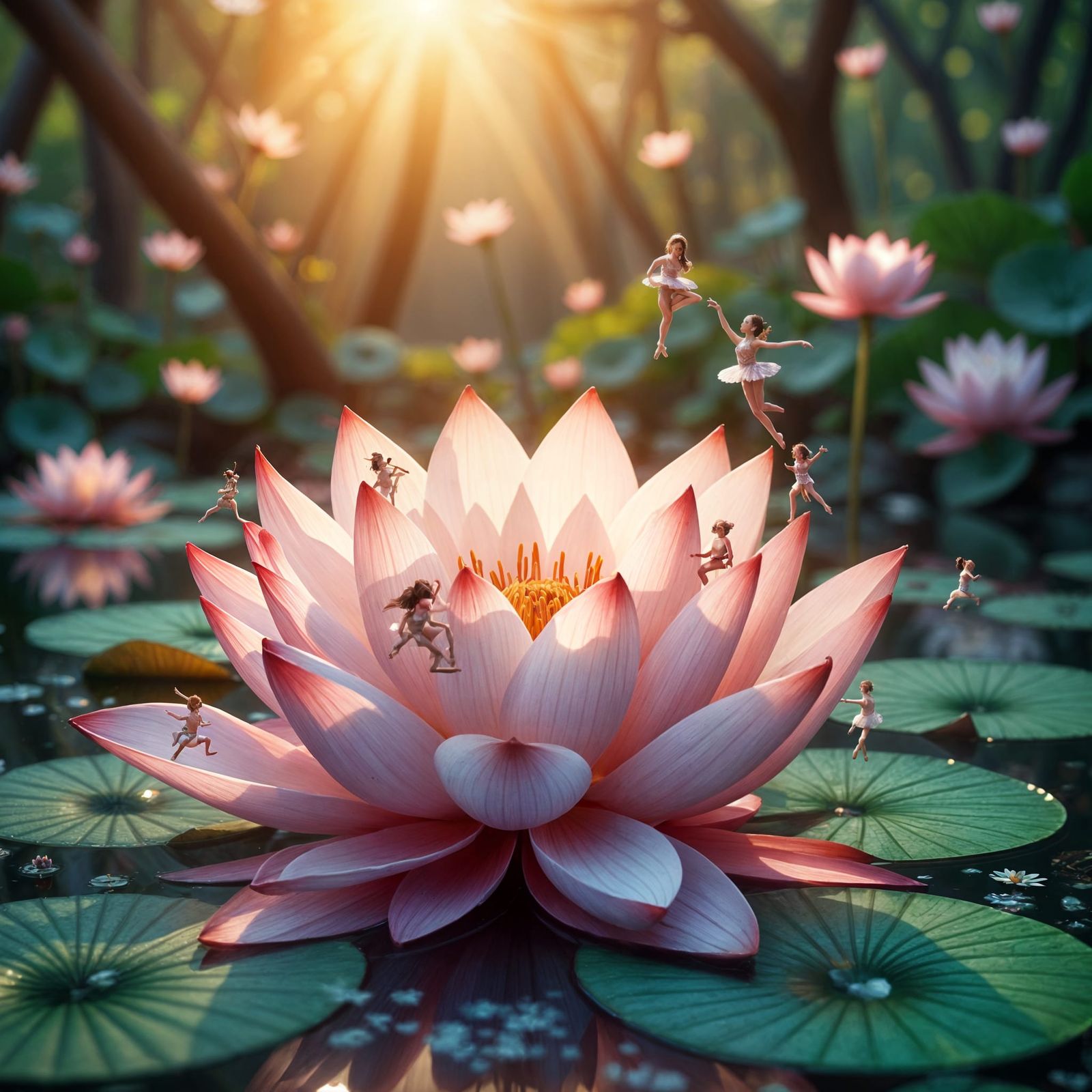 Lotus Flower with Ballerinas in Australian Tonalism