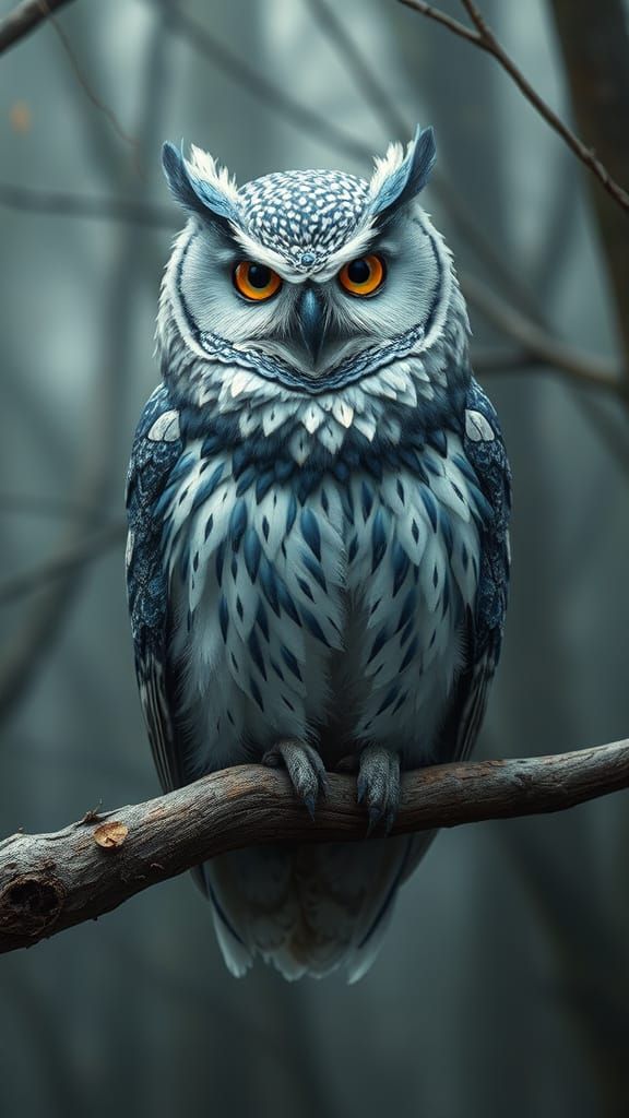 Porcelain Owl in Misty Forest, Renaissance Style