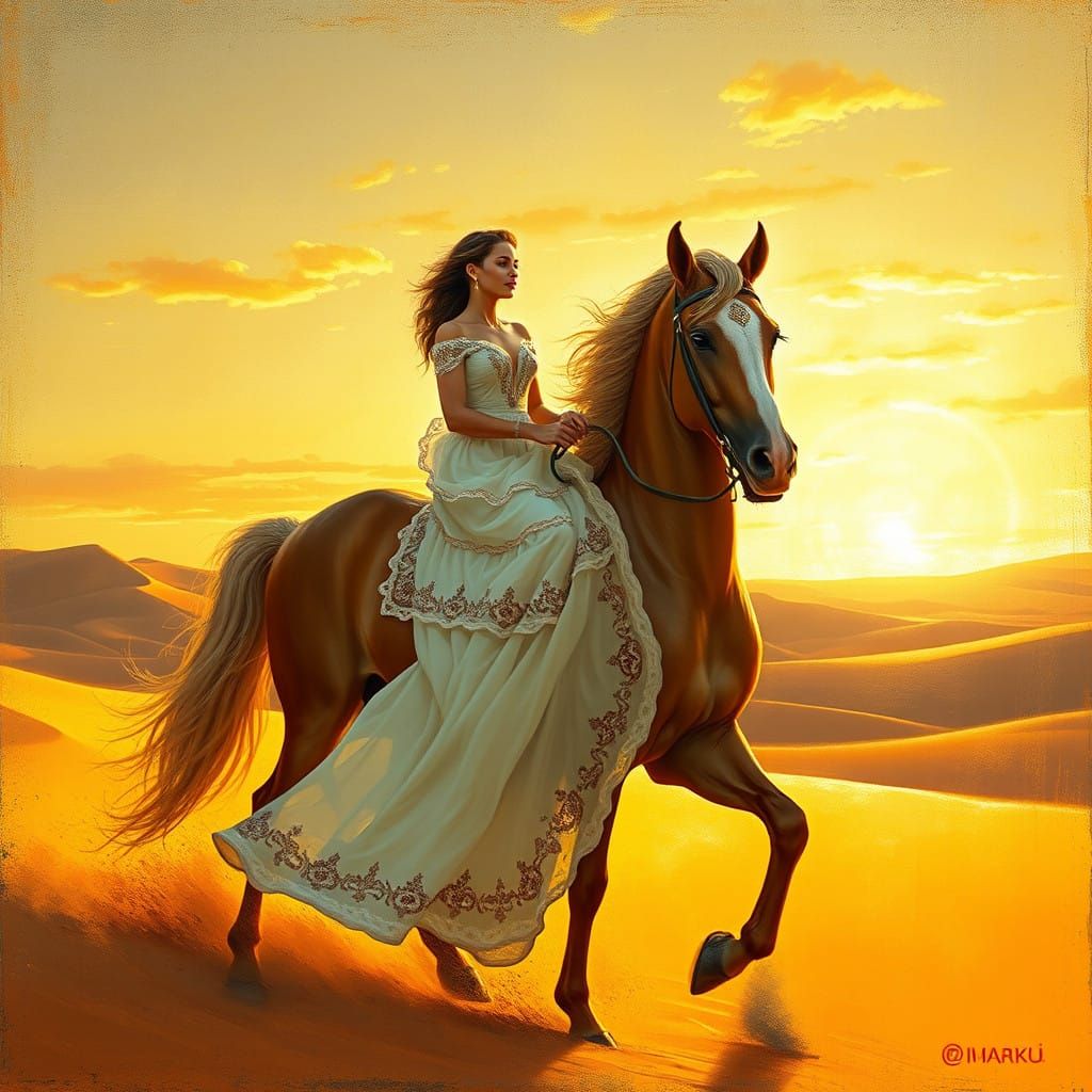 Woman Rides Horse into Golden Desert Sunset