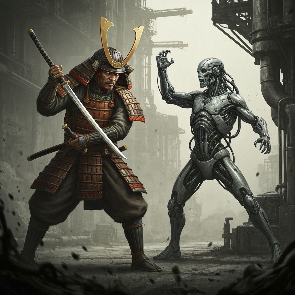 Samurai vs Cyborg: Epic Clash in Industrial Medieval Style