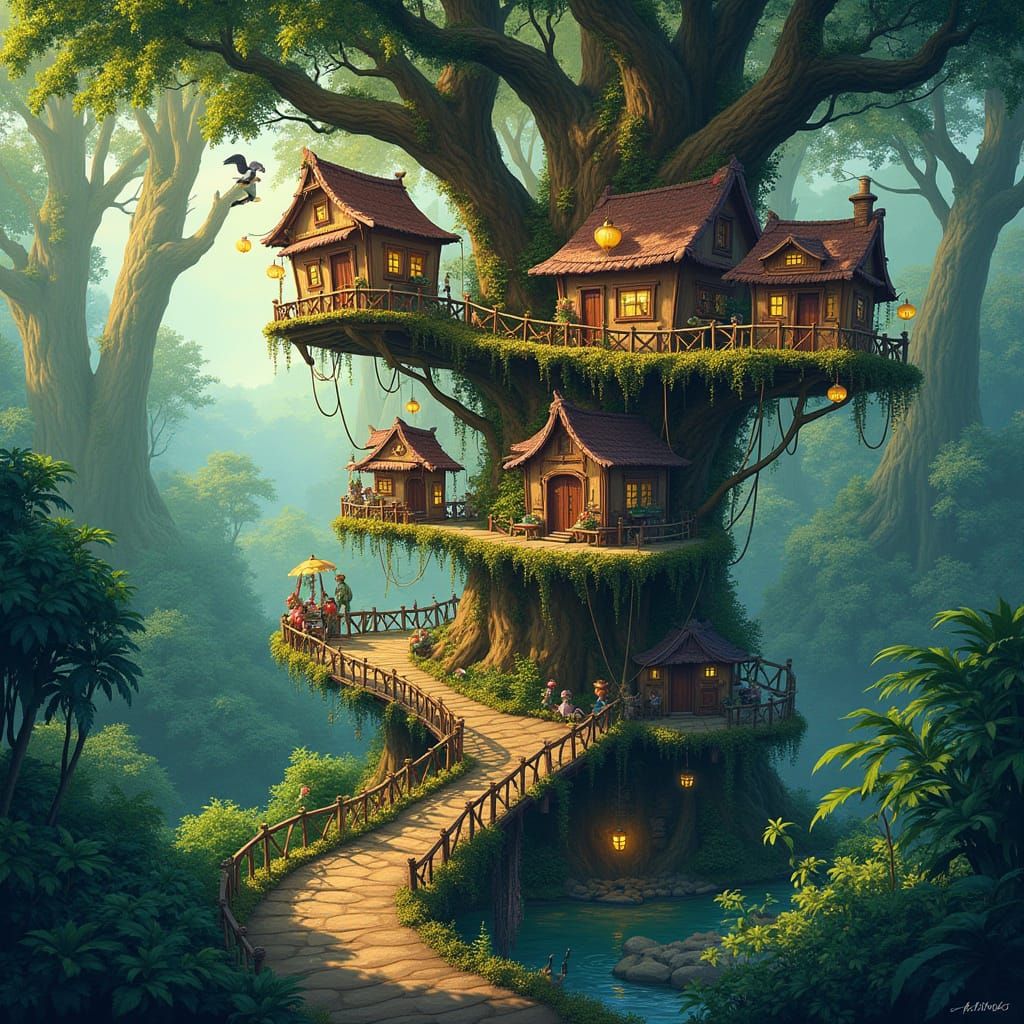 Tropical Rainforest Treehouse Village in Detailed Style