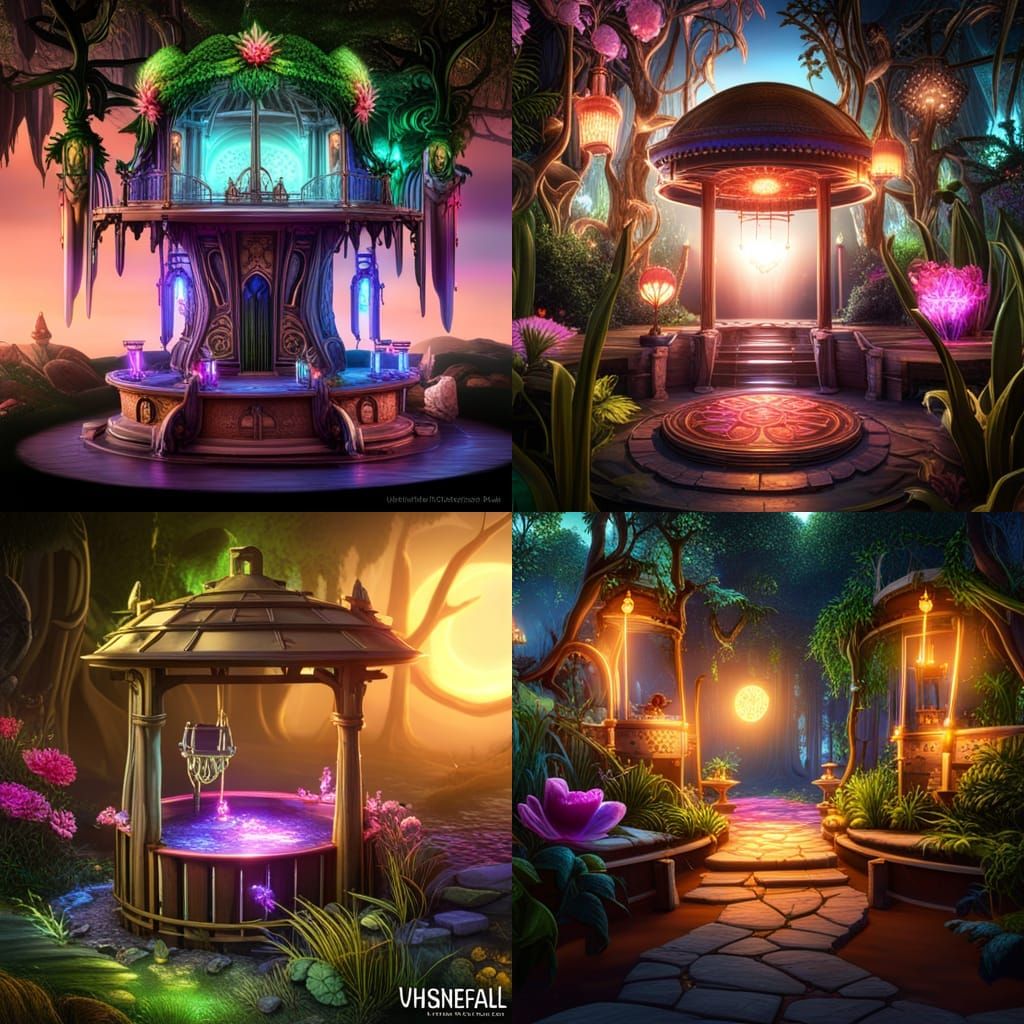 Wishing Well in Fairy Forest: Neon Fantasy Art